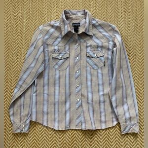 Patagonia Drifter Western Pearl Snap Button Lavender Plaid Shirt Women's Large